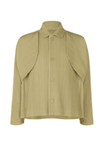 The COVER AND FOLD shirt by HOMME PLISSÉ ISSEY MIYAKE features light olive-green pleats, long sleeves, a pointed collar, and unique overlapping pleated panels over the shoulders and front for an architectural jacket-inspired look. - CT ROCK GREEN GRAY （no.68）