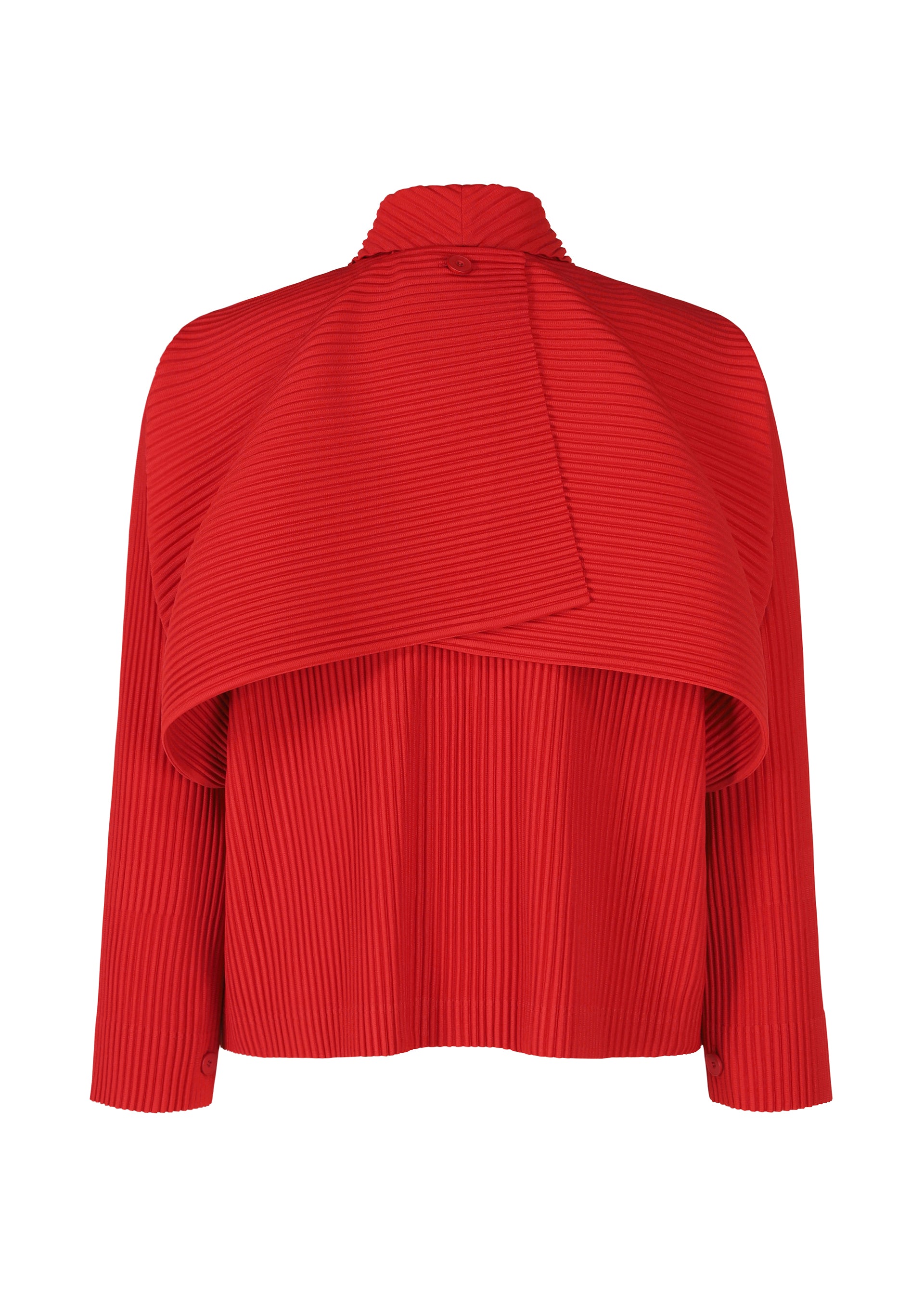 Zoomed view The COVER AND FOLD jacket by HOMME PLISSÉ ISSEY MIYAKE is a vibrant red, long-sleeved piece with a high collar and distinctive layered, cape-like front with three-dimensional pleating for striking architectural style.