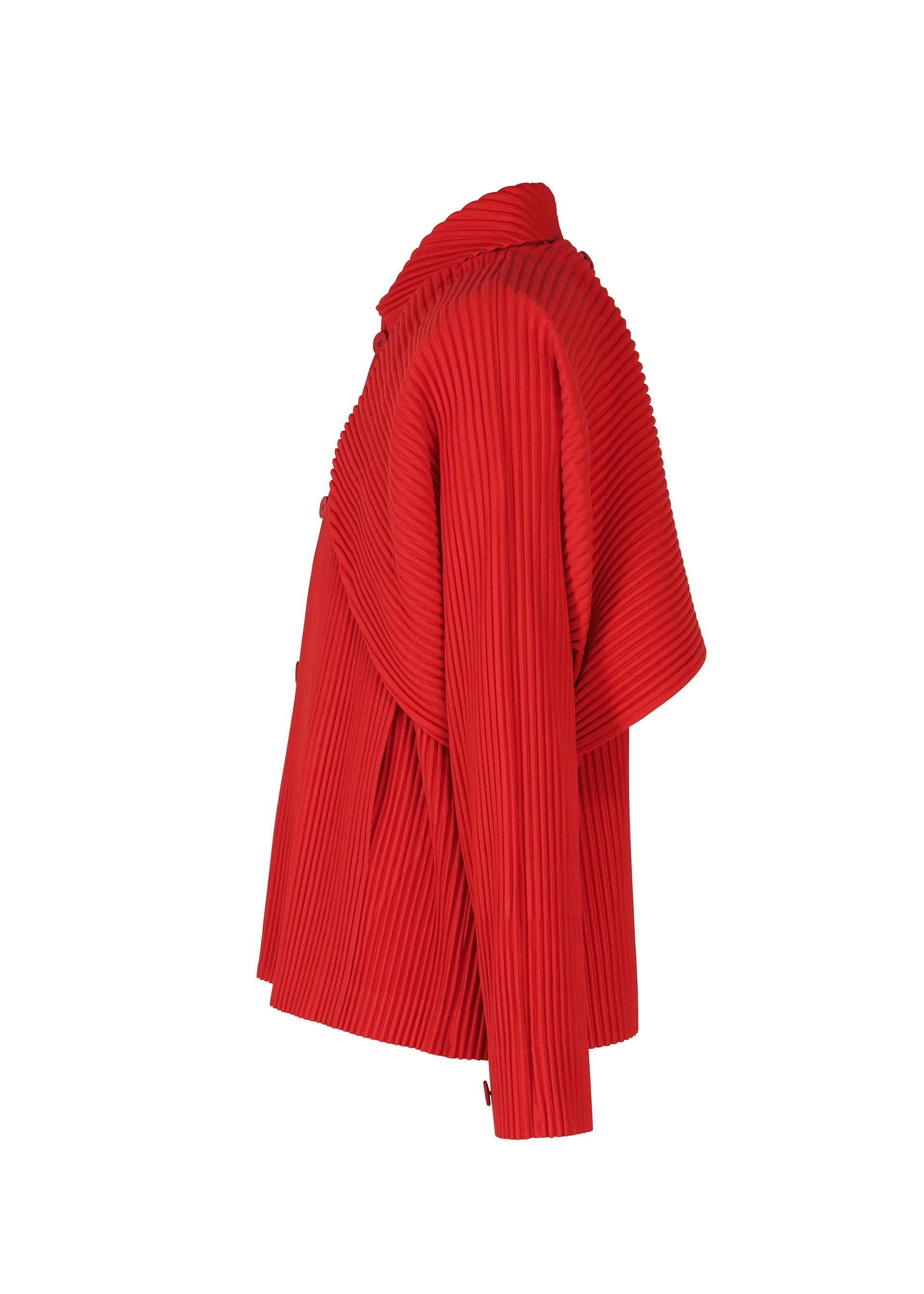 Zoomed view The COVER AND FOLD jacket by HOMME PLISSÉ ISSEY MIYAKE is showcased from the side against a white background, highlighting its bright red color, long sleeves, three-dimensional pleating, and unique layered architectural silhouette.