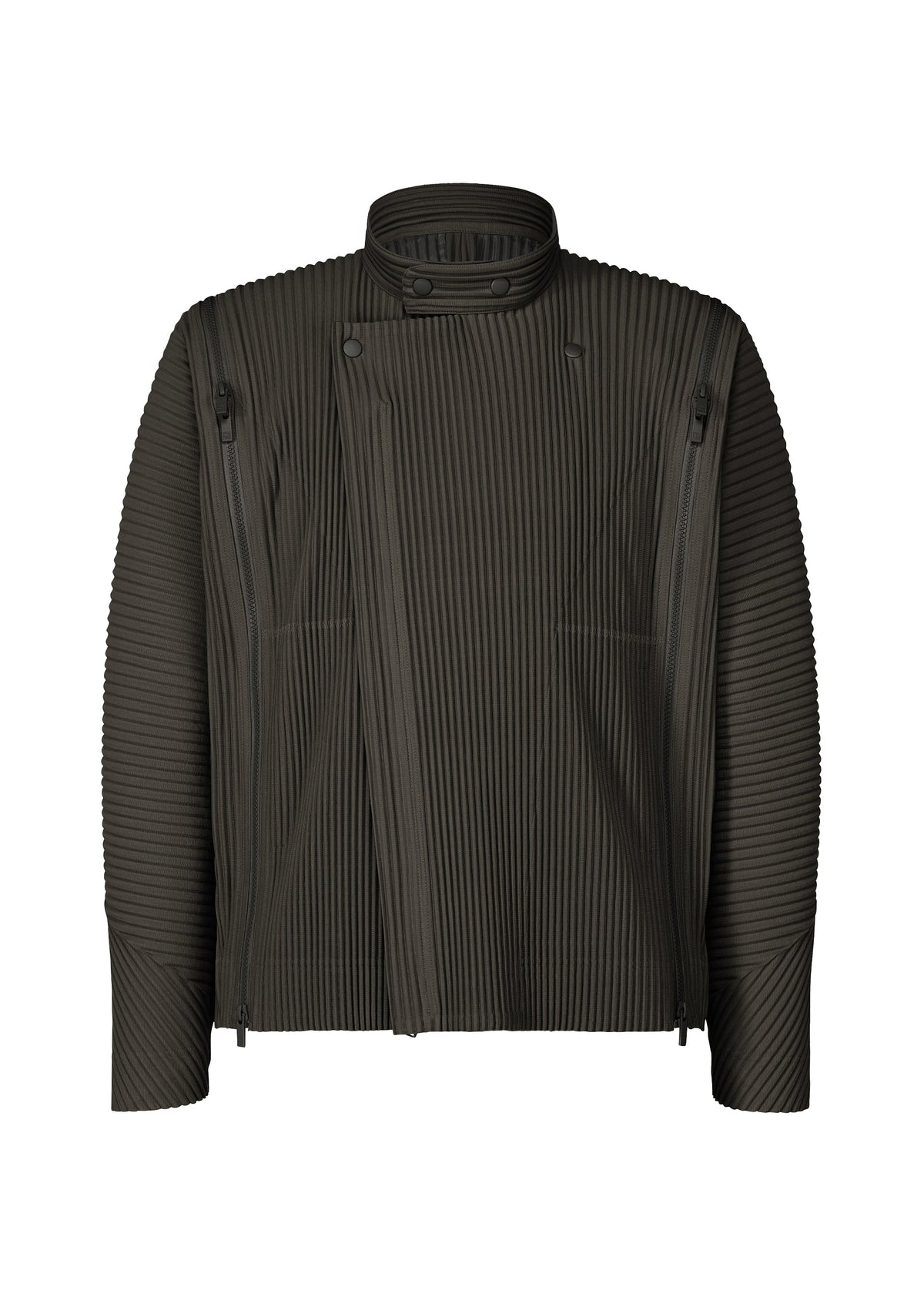 The MULTI-FASTENED jacket by HOMME PLISSÉ ISSEY MIYAKE features a dark, ribbed design with a high collar, diagonal adjustable zipper, button details, and vertical pleats for a structured, modern look ideal for versatile styling. view 1 of 11