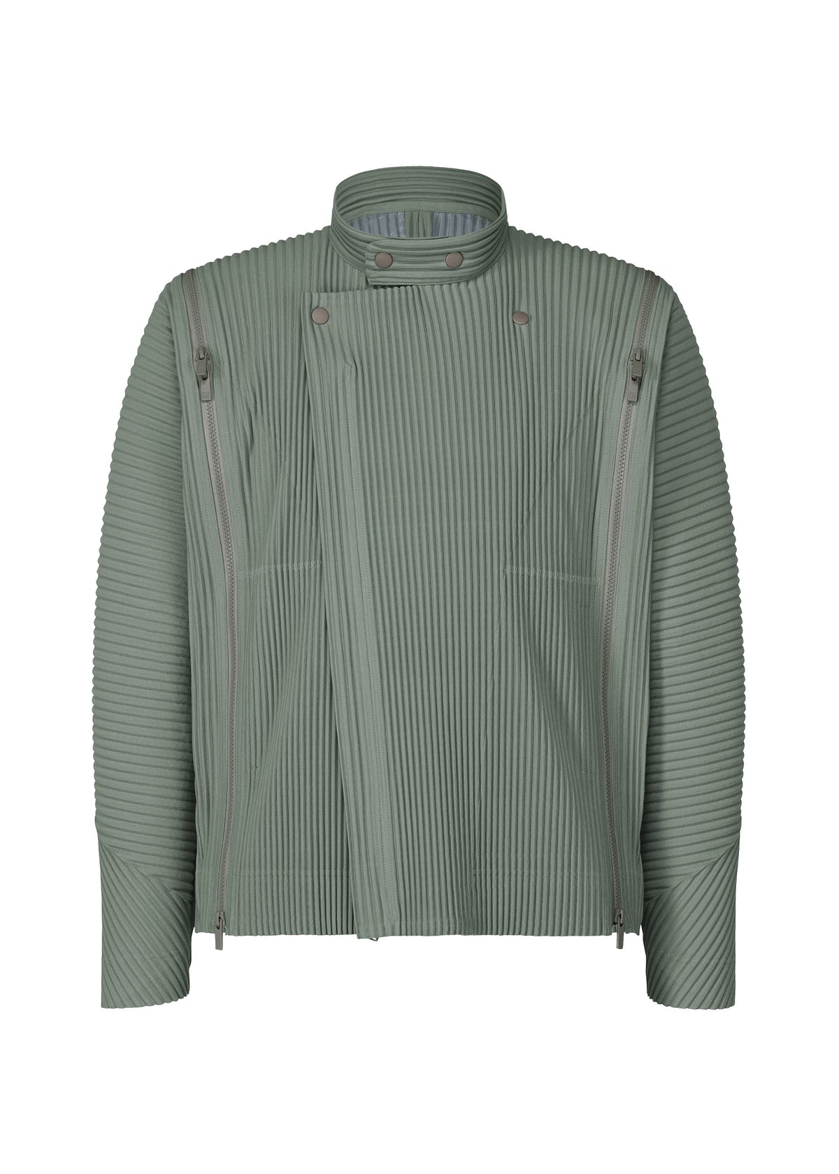 The MULTI-FASTENED jacket by HOMME PLISSÉ ISSEY MIYAKE is sage green with long sleeves, a high collar, vertical ribbing, asymmetrical zip closures, and snap buttons for versatile styling. view 2 of 11