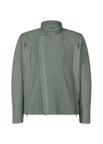 The MULTI-FASTENED jacket by HOMME PLISSÉ ISSEY MIYAKE is sage green with long sleeves, a high collar, vertical ribbing, asymmetrical zip closures, and snap buttons for versatile styling. - LUCCA STORICO BLUE （no.73）