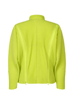 The MULTI-FASTENED jacket by HOMME PLISSÉ ISSEY MIYAKE features bright yellow-green pleated fabric, a high collar, long sleeves, and zippered accents. Shown from the back against a plain white background.