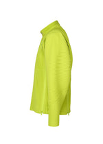 The HOMME PLISSÉ ISSEY MIYAKE MULTI-FASTENED jacket, in neon yellow with long sleeves and a ribbed, textured structural design, is shown from a side view against a plain white background.