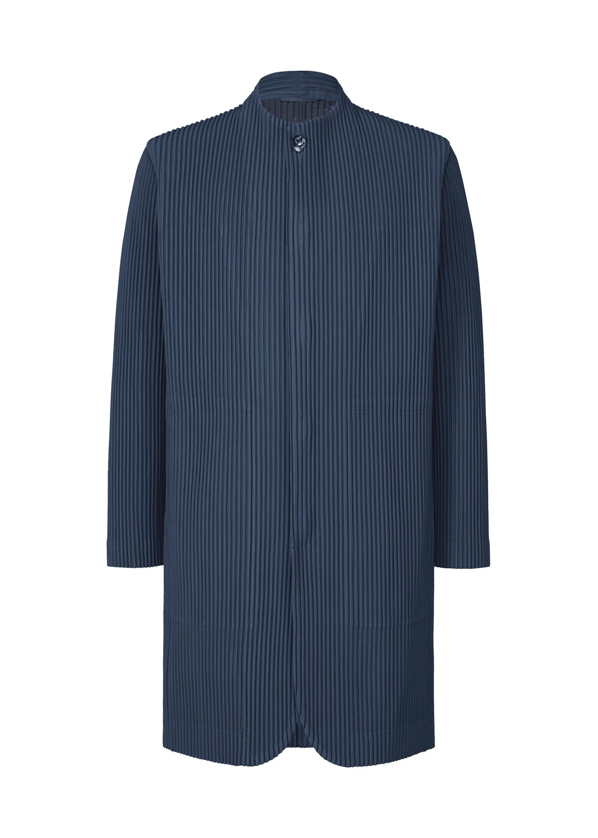 The TAILORED PLEATS 1 by HOMME PLISSÉ ISSEY MIYAKE is a collarless navy knee-length jacket in quick-drying polyester with vertical pleats, perfect for both formal and casual wear. Shown on a plain white background. view 1 of 6