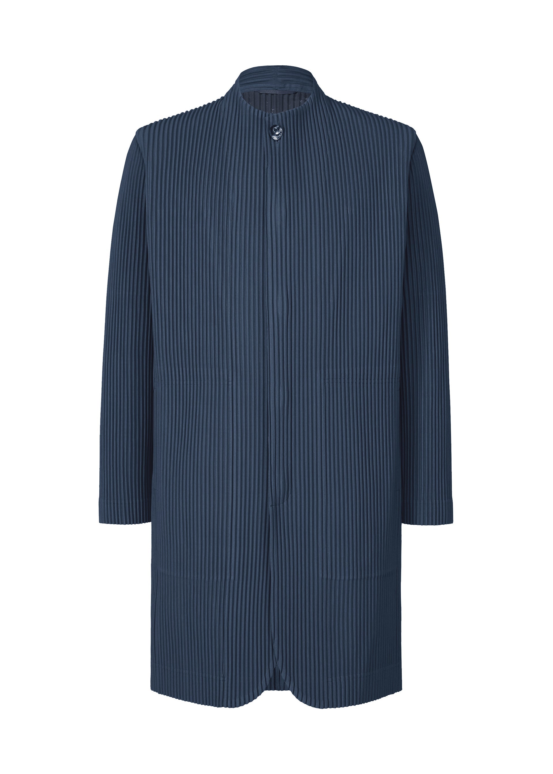 Zoomed view The TAILORED PLEATS 1 by HOMME PLISSÉ ISSEY MIYAKE is a collarless navy knee-length jacket in quick-drying polyester with vertical pleats, perfect for both formal and casual wear. Shown on a plain white background. - MANAROLA BOAT NAVY （no.76）