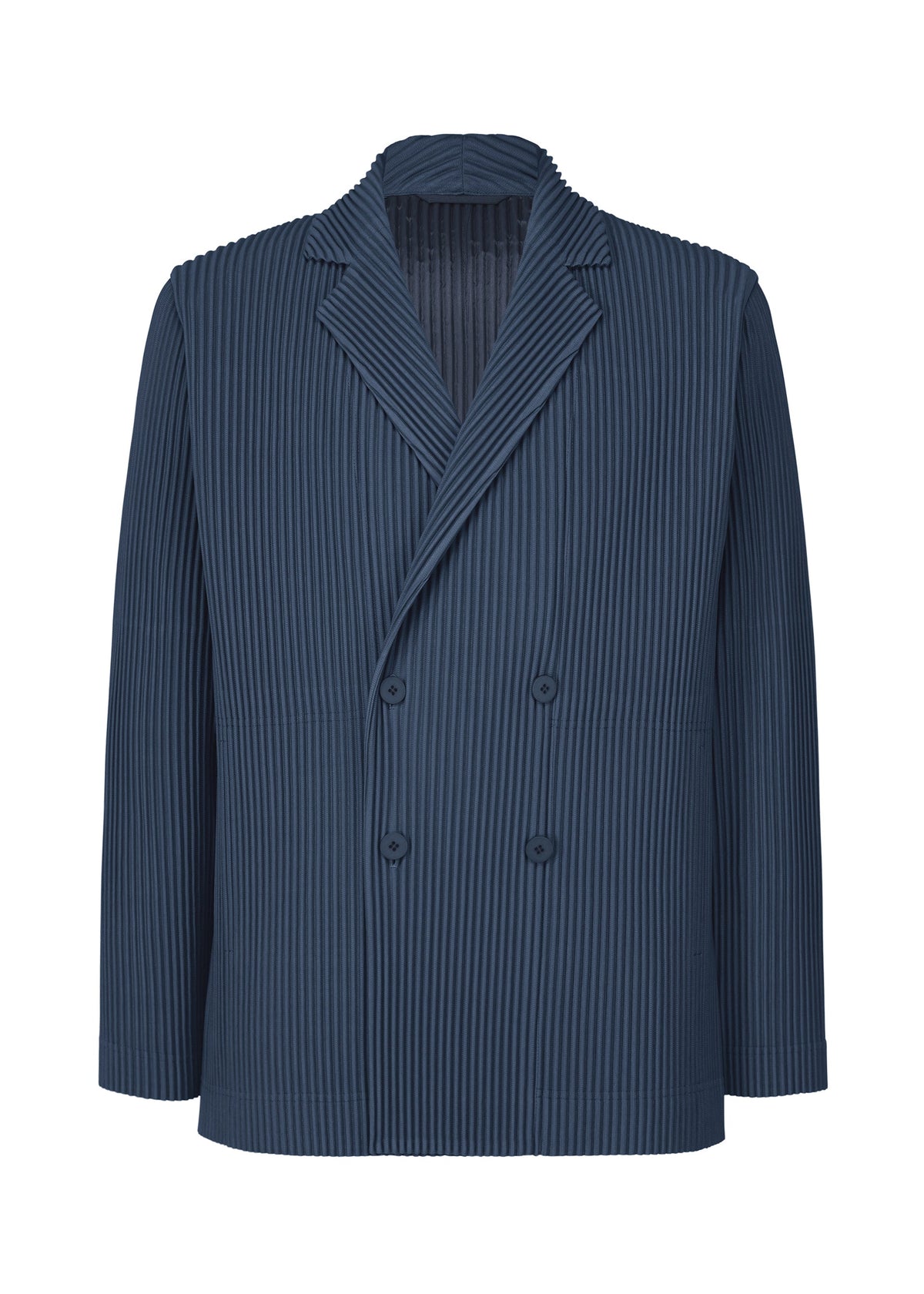 The TAILORED PLEATS 1 by HOMME PLISSÉ ISSEY MIYAKE is a blue, double-breasted jacket with vertical pleats and a notched lapel, made from quick-drying polyester, shown against a plain white background. view 1 of 7