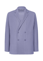 The TAILORED PLEATS 1 jacket by HOMME PLISSÉ ISSEY MIYAKE is a light purple, double-breasted piece in quick-drying polyester with vertical pleats and four front buttons, ideal for both formal and casual styles. Shown on a white background. - MANAROLA WALL VIOLET （no.80）