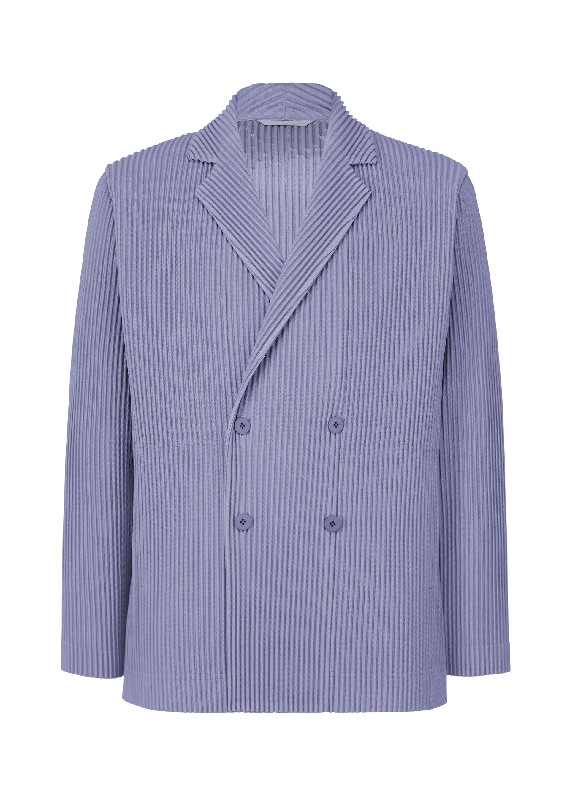 Zoomed view The TAILORED PLEATS 1 jacket by HOMME PLISSÉ ISSEY MIYAKE is a light purple, double-breasted piece in quick-drying polyester with vertical pleats and four front buttons, ideal for both formal and casual styles. Shown on a white background. - MANAROLA WALL VIOLET （no.80）