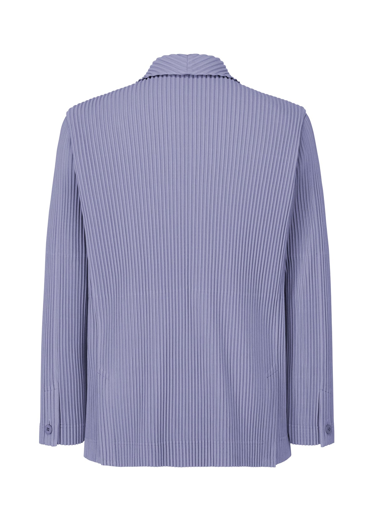 The TAILORED PLEATS 1 by HOMME PLISSÉ ISSEY MIYAKE is a lavender long-sleeve, double-breasted jacket with vertical pleats, collar, buttoned cuffs, and a relaxed fit for a formal-casual look, shown from the back. view 4 of 7