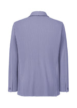 The TAILORED PLEATS 1 by HOMME PLISSÉ ISSEY MIYAKE is a lavender long-sleeve, double-breasted jacket with vertical pleats, collar, buttoned cuffs, and a relaxed fit for a formal-casual look, shown from the back.