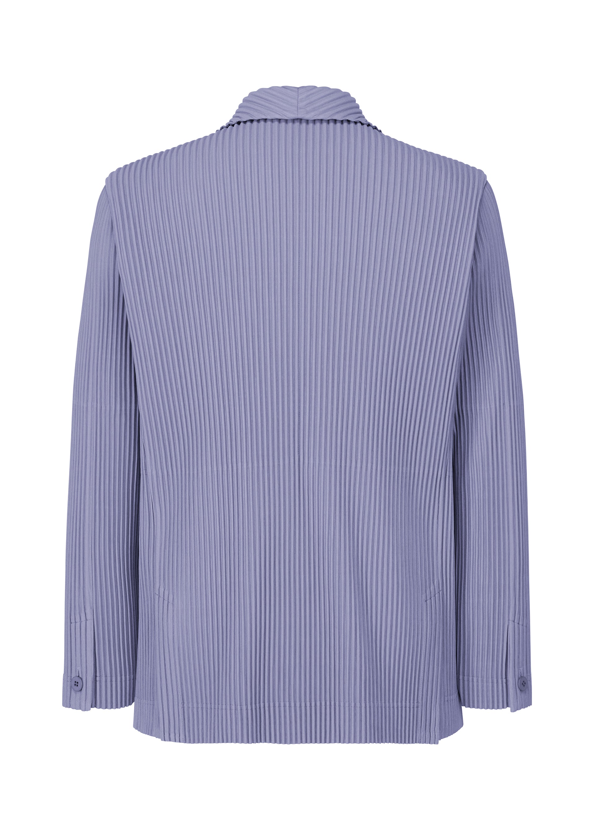 Zoomed view The TAILORED PLEATS 1 by HOMME PLISSÉ ISSEY MIYAKE is a lavender long-sleeve, double-breasted jacket with vertical pleats, collar, buttoned cuffs, and a relaxed fit for a formal-casual look, shown from the back.