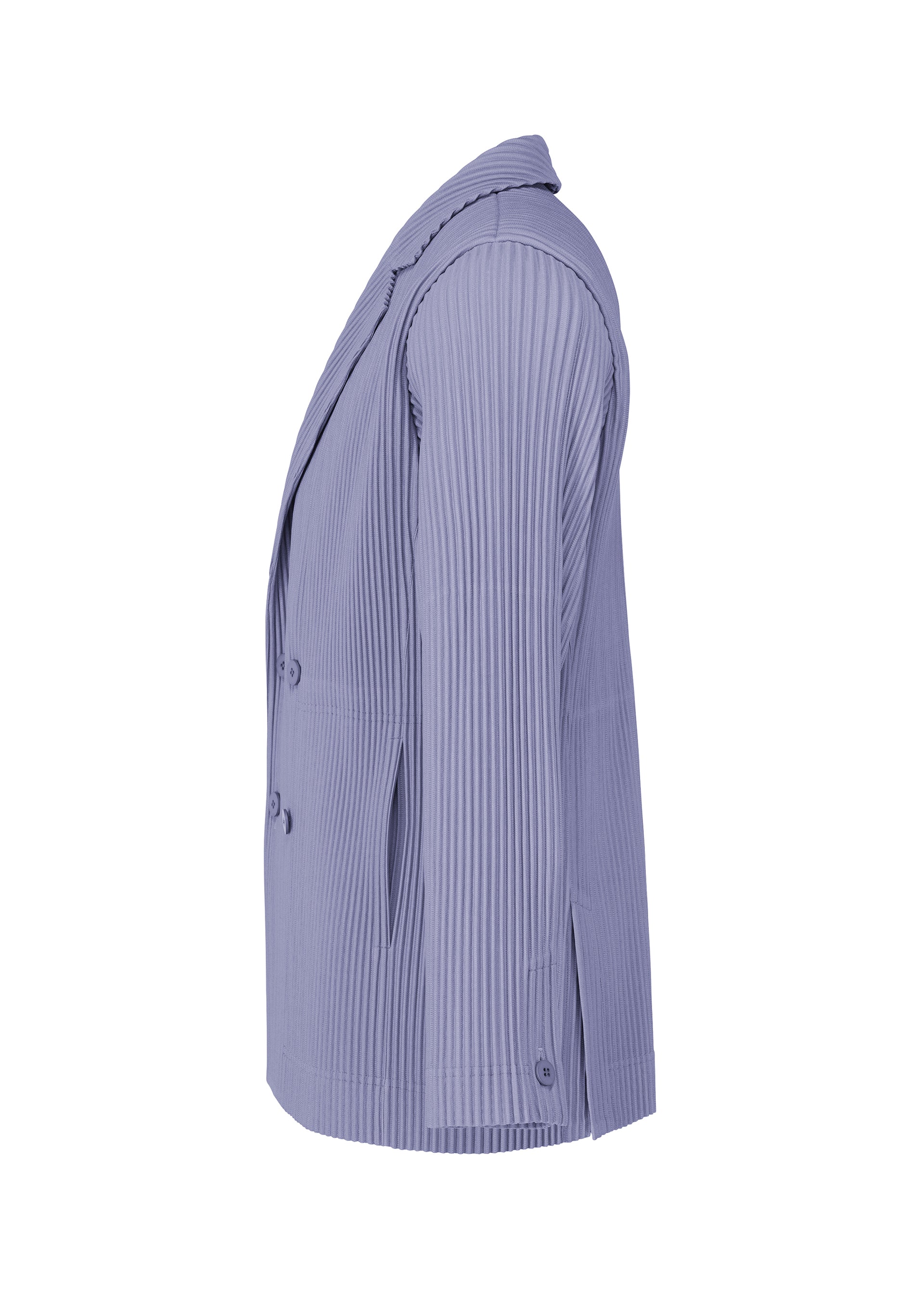 Zoomed view Side view of the HOMME PLISSÉ ISSEY MIYAKE TAILORED PLEATS 1: a light purple, pleated double-breasted jacket with long sleeves and notched lapel, made from quick-drying polyester, shown on a plain white background.