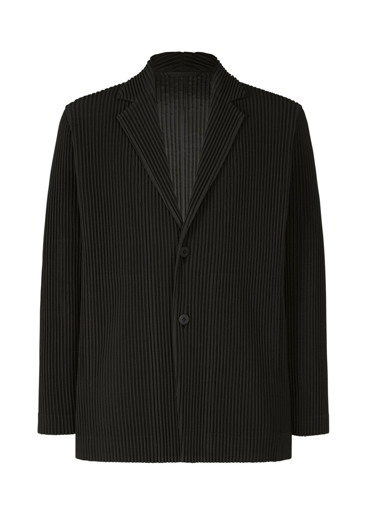 The TAILORED PLEATS 2 jacket by HOMME PLISSÉ ISSEY MIYAKE features a notched collar, two buttons, and a vertical pleated texture in quick-drying polyester—ideal for both formal and casual styling, shown against a white background. view 1 of 10