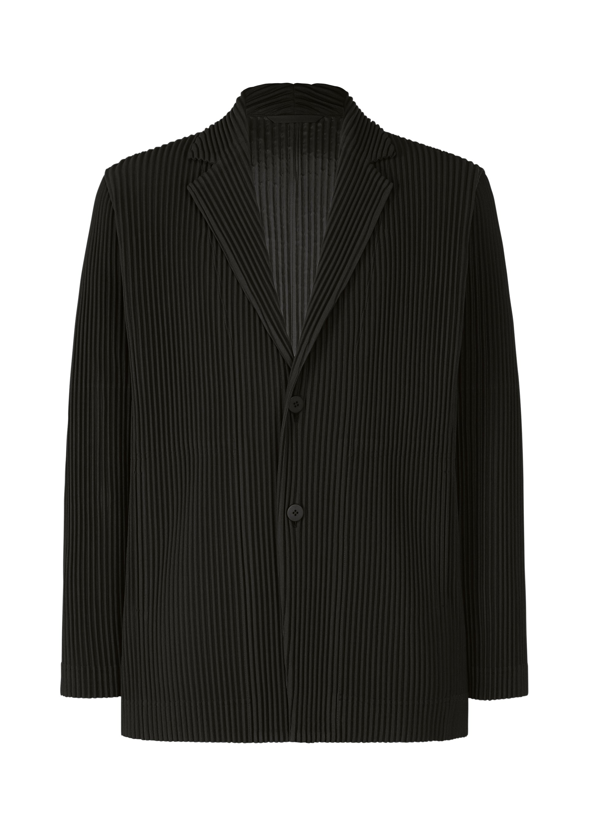 Zoomed view The TAILORED PLEATS 2 jacket by HOMME PLISSÉ ISSEY MIYAKE features a notched collar, two buttons, and a vertical pleated texture in quick-drying polyester—ideal for both formal and casual styling, shown against a white background. - BLACK （no.15）