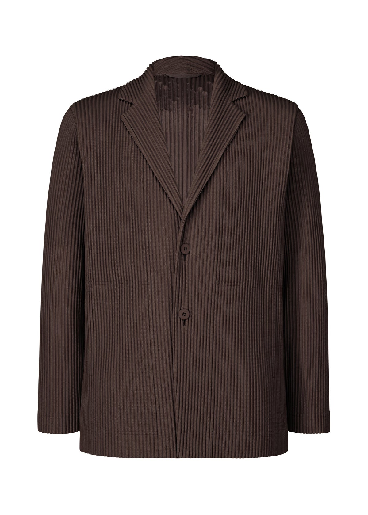 The HOMME PLISSÉ ISSEY MIYAKE TAILORED PLEATS 2 is a brown, long-sleeved, pinstripe jacket with two buttons and a notched lapel in quick-drying polyester—versatile for formal or casual looks, shown against a white background. view 2 of 10