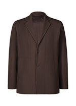The HOMME PLISSÉ ISSEY MIYAKE TAILORED PLEATS 2 is a brown, long-sleeved, pinstripe jacket with two buttons and a notched lapel in quick-drying polyester—versatile for formal or casual looks, shown against a white background.