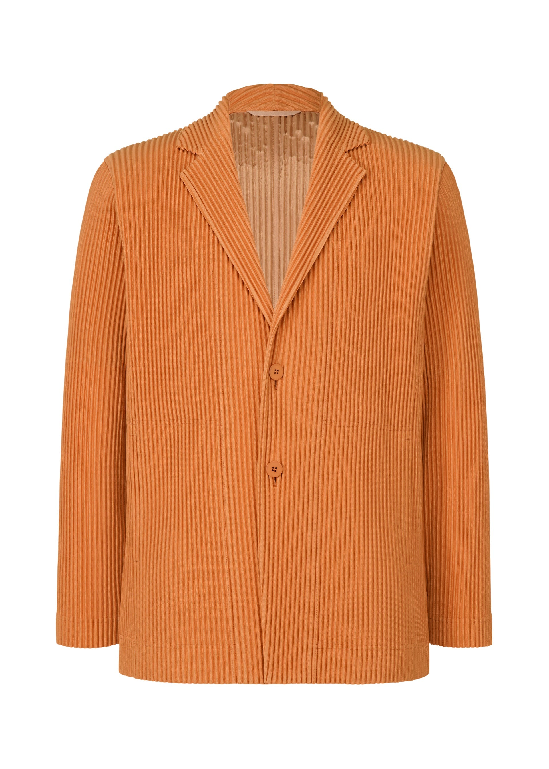 Zoomed view The TAILORED PLEATS 2 blazer by HOMME PLISSÉ ISSEY MIYAKE features tan ribbed corduroy, a notched collar, two buttons, and long sleeves—ideal for both formal and casual looks. Shown on a white background. - MANAROLA BRICK BROWN （no.47）