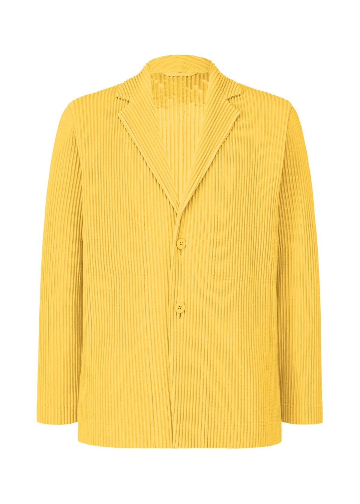 The TAILORED PLEATS 2 jacket by HOMME PLISSÉ ISSEY MIYAKE is a yellow, long-sleeved, notched-collar piece with two buttons, crafted from quick-drying, vertically pleated polyester for a modern structured look. view 4 of 10