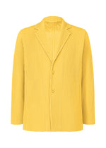 The TAILORED PLEATS 2 jacket by HOMME PLISSÉ ISSEY MIYAKE is a yellow, long-sleeved, notched-collar piece with two buttons, crafted from quick-drying, vertically pleated polyester for a modern structured look. - AGAVE YELLOW （no.54）