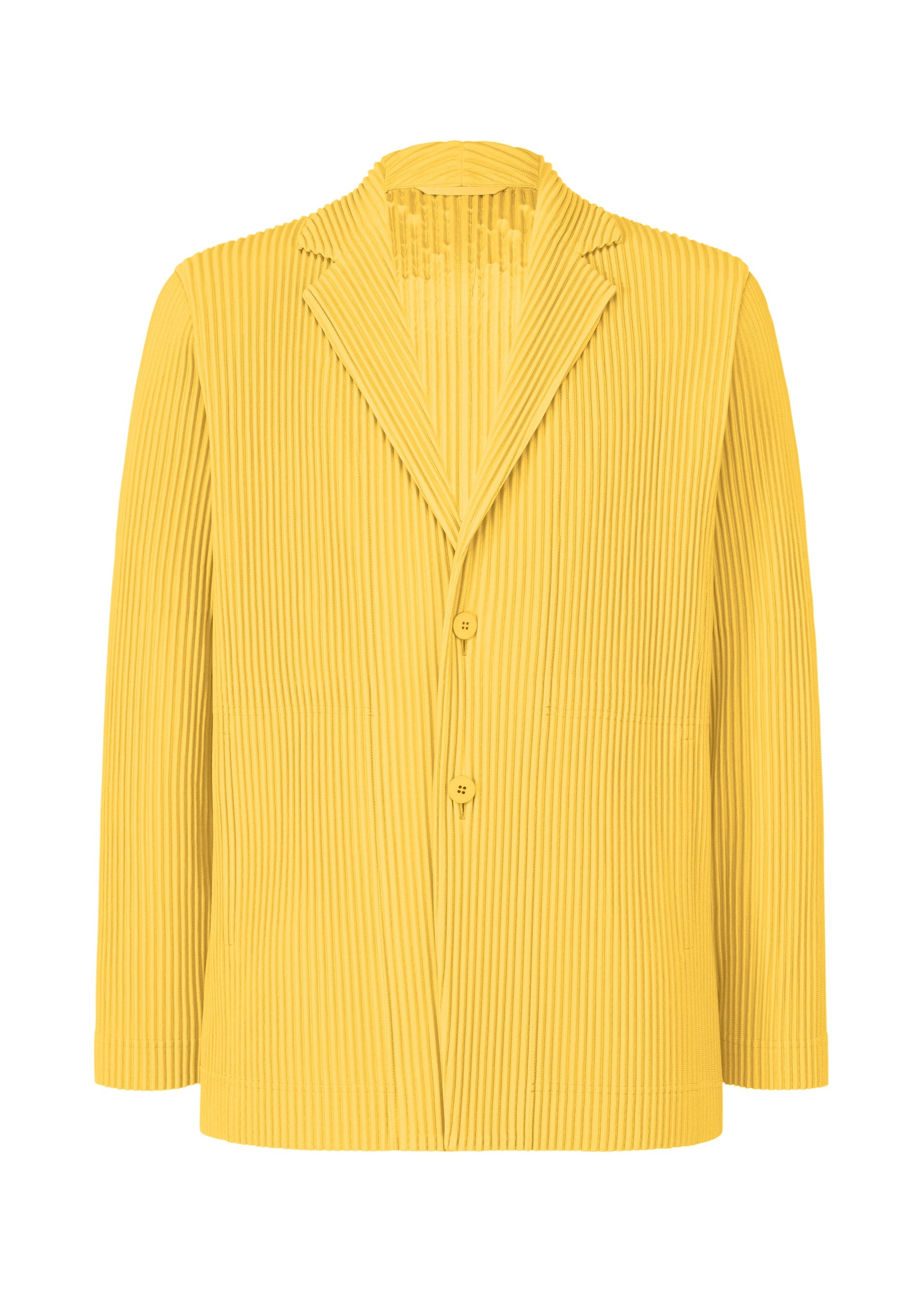 Zoomed view The TAILORED PLEATS 2 jacket by HOMME PLISSÉ ISSEY MIYAKE is a yellow, long-sleeved, notched-collar piece with two buttons, crafted from quick-drying, vertically pleated polyester for a modern structured look. - AGAVE YELLOW （no.54）