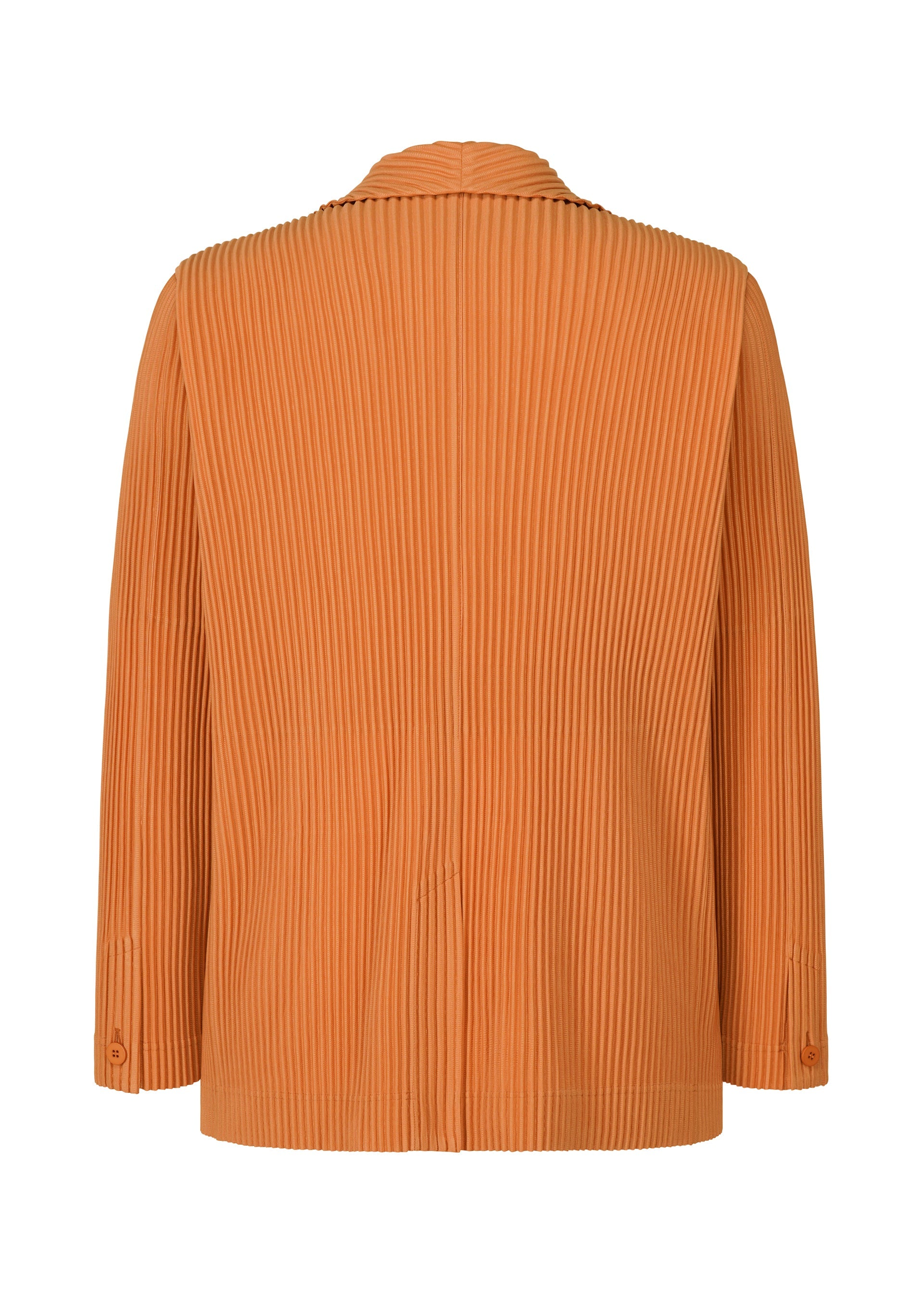 Zoomed view A back view of the HOMME PLISSÉ ISSEY MIYAKE TAILORED PLEATS 2: an orange, long-sleeve, quick-drying polyester jacket with pleated texture, collar, loose fit, and visible seam details—suitable for both formal and casual styles.