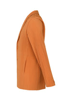 Side view of TAILORED PLEATS 2 by HOMME PLISSÉ ISSEY MIYAKE—an orange, long-sleeved, ribbed jacket with notched lapel, two pockets, quick-drying pleated polyester fabric, vertical lines, and a button closure for formal or casual wear.
