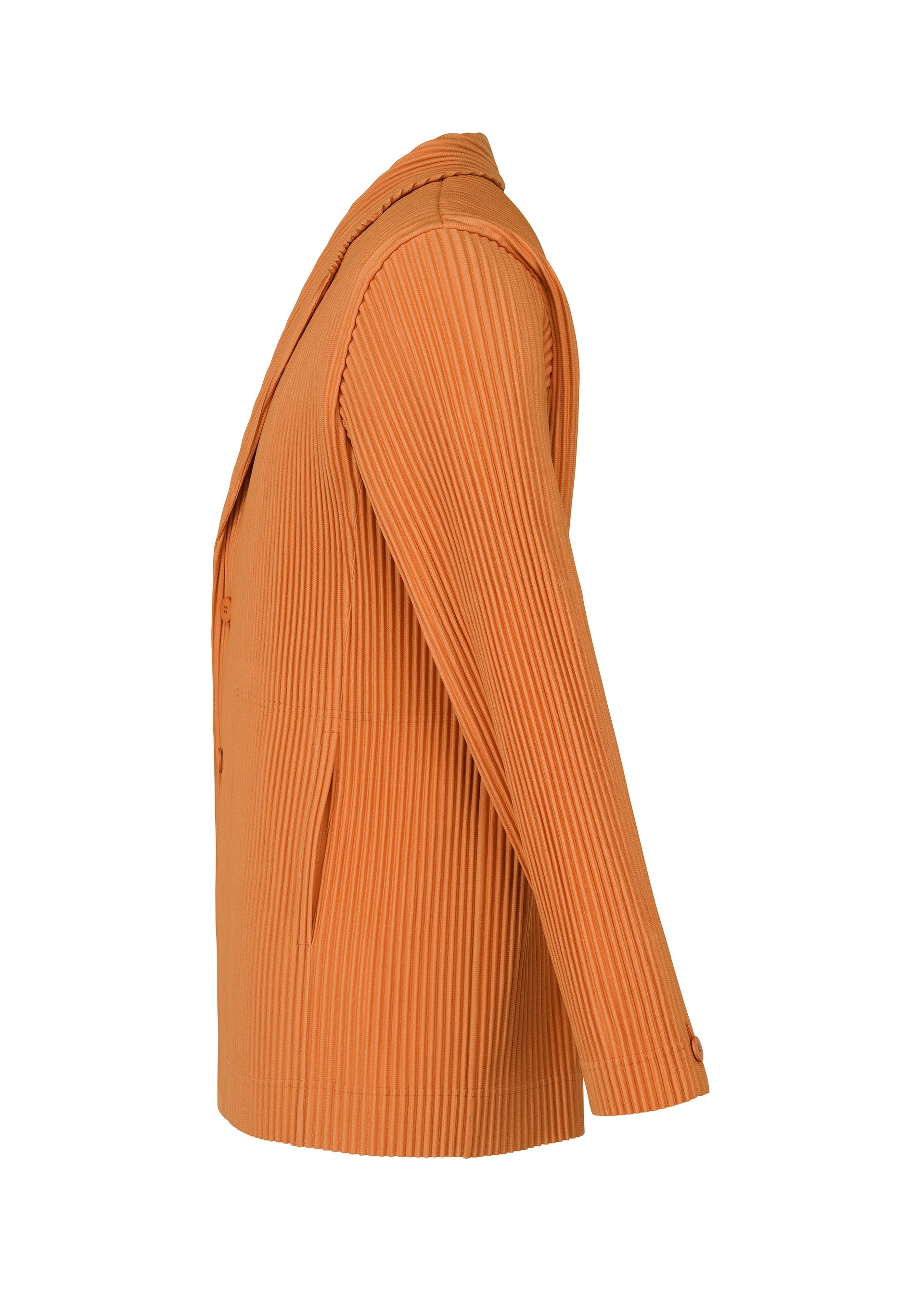 Zoomed view Side view of TAILORED PLEATS 2 by HOMME PLISSÉ ISSEY MIYAKE—an orange, long-sleeved, ribbed jacket with notched lapel, two pockets, quick-drying pleated polyester fabric, vertical lines, and a button closure for formal or casual wear.