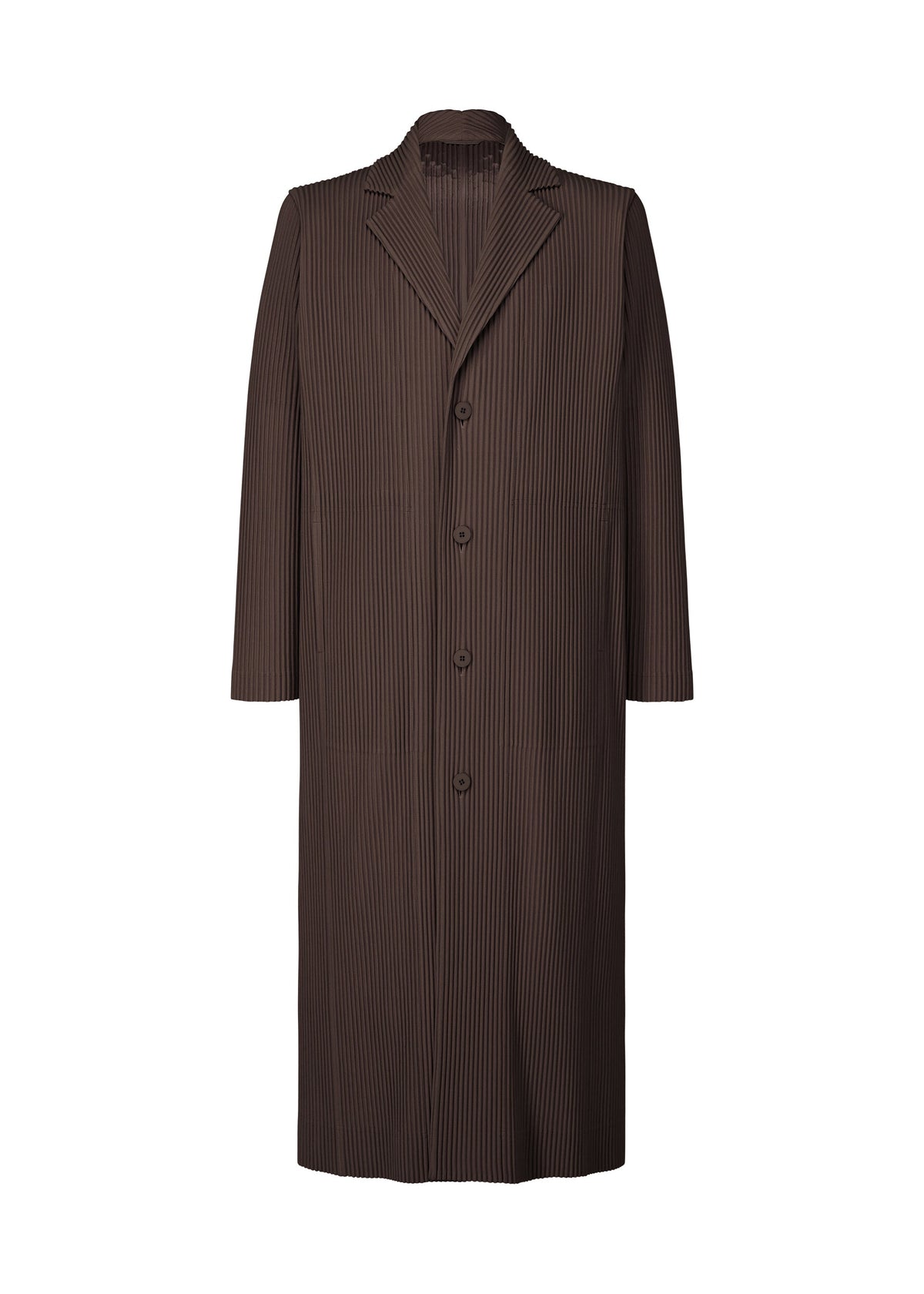 The HOMME PLISSÉ ISSEY MIYAKE TAILORED PLEATS 2 is a long brown pinstriped coat in quick-drying polyester, with three buttons, a notched lapel collar, and straight sleeves, shown against a plain white background. view 2 of 6