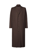 The HOMME PLISSÉ ISSEY MIYAKE TAILORED PLEATS 2 is a long brown pinstriped coat in quick-drying polyester, with three buttons, a notched lapel collar, and straight sleeves, shown against a plain white background.
