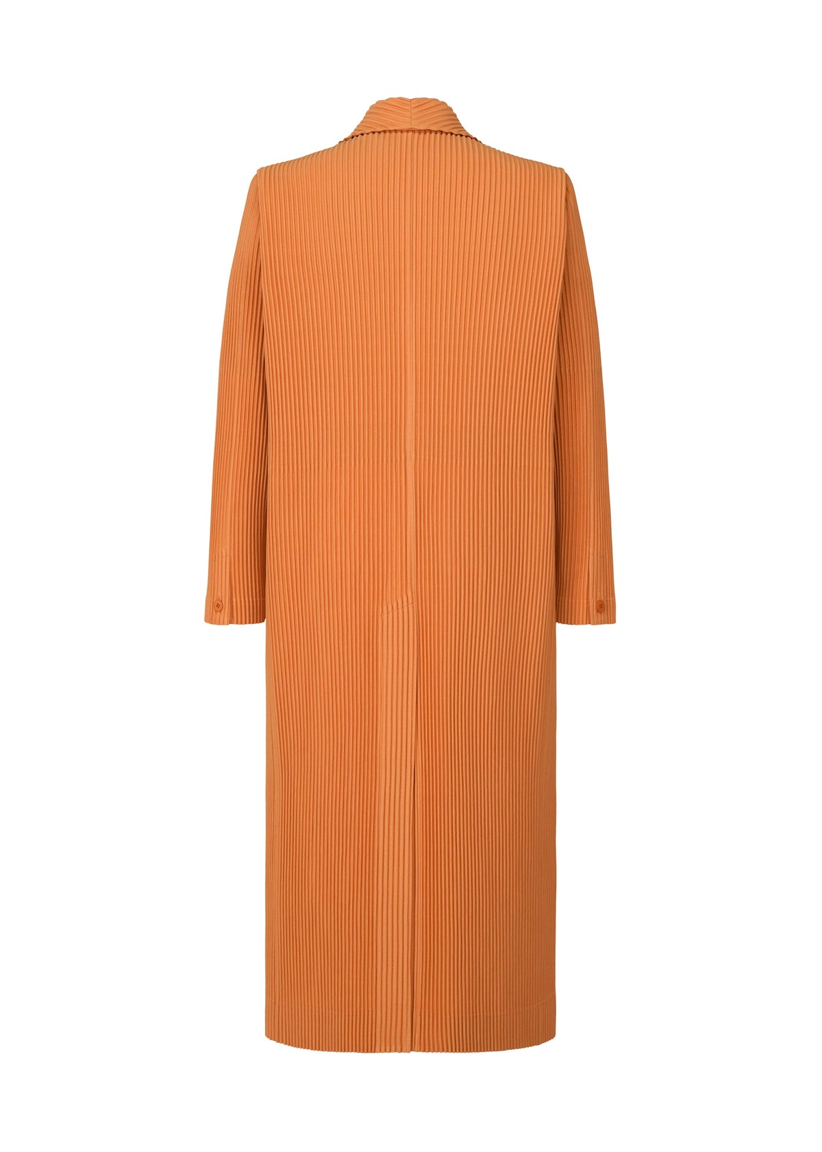 The HOMME PLISSÉ ISSEY MIYAKE TAILORED PLEATS 2 is a long orange pleated coat with a straight cut and long sleeves, crafted from quick-drying polyester and shown from the back against a plain white background. view 3 of 6