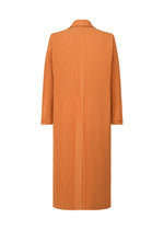 The HOMME PLISSÉ ISSEY MIYAKE TAILORED PLEATS 2 is a long orange pleated coat with a straight cut and long sleeves, crafted from quick-drying polyester and shown from the back against a plain white background.