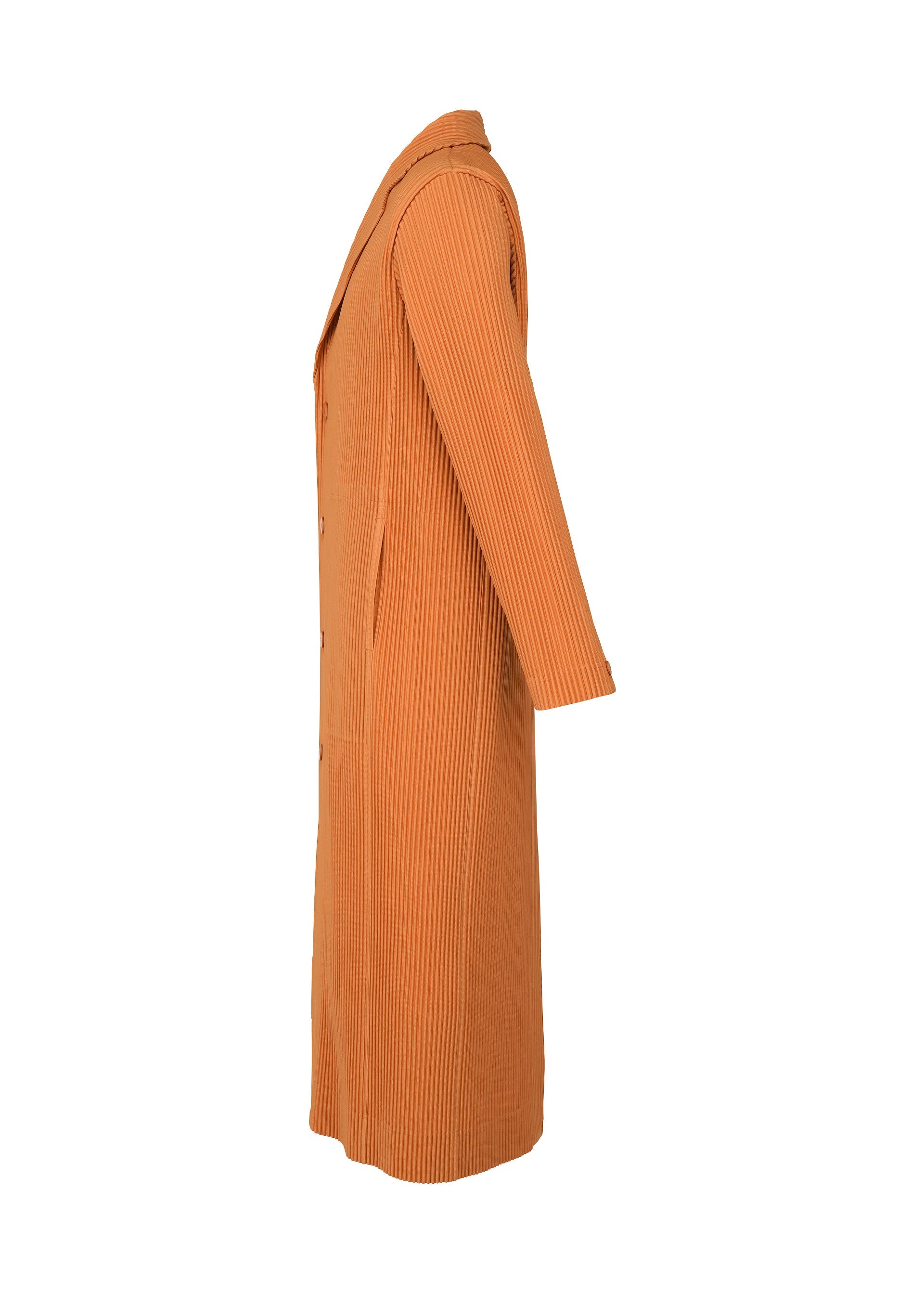 Zoomed view The TAILORED PLEATS 2 jacket by HOMME PLISSÉ ISSEY MIYAKE is a long, orange, ribbed coat shown in side view. Made from quick-drying polyester, it features long sleeves, a collar, and front button details.