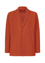 The HOMME PLISSÉ ISSEY MIYAKE TAILORED PLEATS 3 is a rust-colored, long-sleeved blazer with vertical pleats, notched lapels, and two front buttons—ideal for a smart casual look. - JAMBON PINK （no.23）