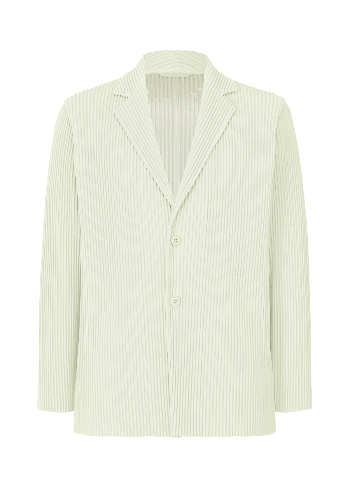 The HOMME PLISSÉ ISSEY MIYAKE TAILORED PLEATS 3 is a light green, vertically pinstriped blazer with a notched collar, two buttons, and long sleeves, made from quick-drying polyester and shown against a white background. view 3 of 7