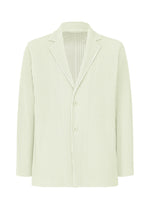 The HOMME PLISSÉ ISSEY MIYAKE TAILORED PLEATS 3 is a light green, vertically pinstriped blazer with a notched collar, two buttons, and long sleeves, made from quick-drying polyester and shown against a white background. - DUOMO GREEN （no.60）