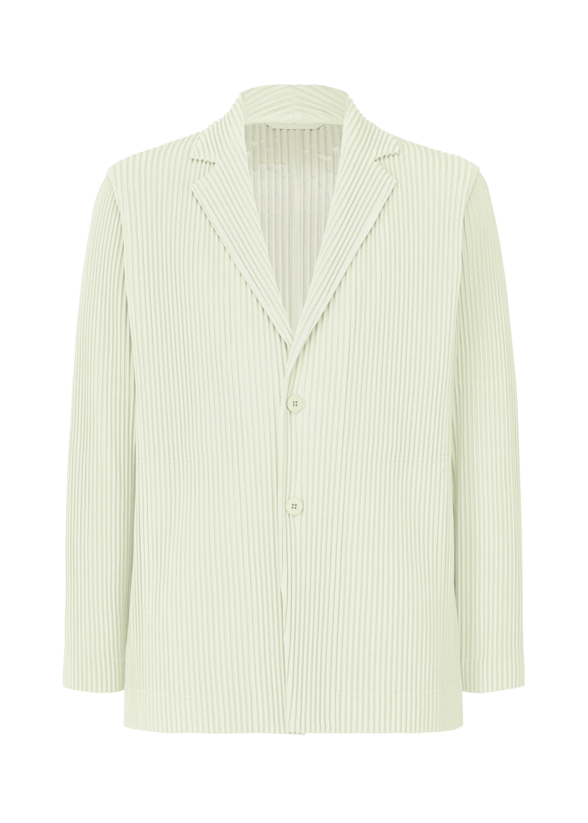 Zoomed view The HOMME PLISSÉ ISSEY MIYAKE TAILORED PLEATS 3 is a light green, vertically pinstriped blazer with a notched collar, two buttons, and long sleeves, made from quick-drying polyester and shown against a white background. - DUOMO GREEN （no.60）