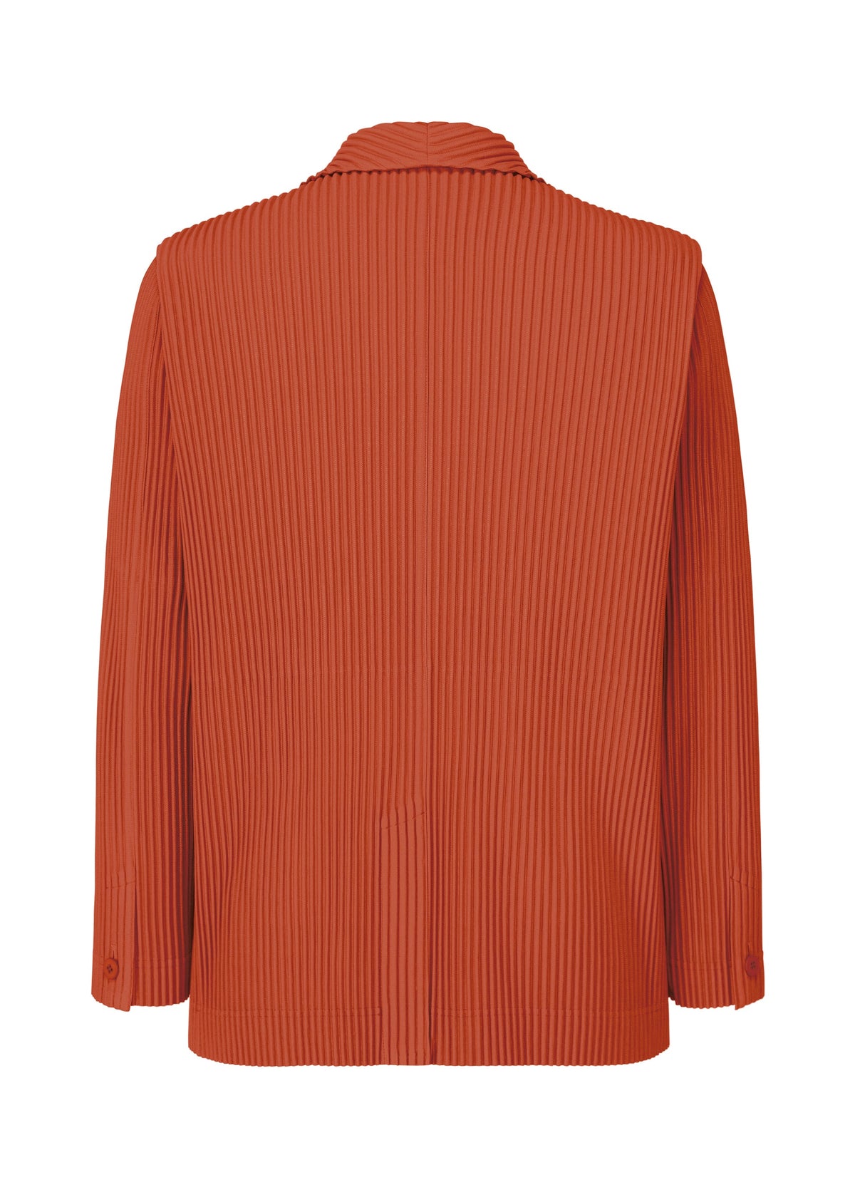 A back view of the HOMME PLISSÉ ISSEY MIYAKE TAILORED PLEATS 3: an orange long-sleeved jacket with vertical pleats, a notched collar, and quick-drying polyester, shown against a white background. view 4 of 7