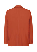A back view of the HOMME PLISSÉ ISSEY MIYAKE TAILORED PLEATS 3: an orange long-sleeved jacket with vertical pleats, a notched collar, and quick-drying polyester, shown against a white background.