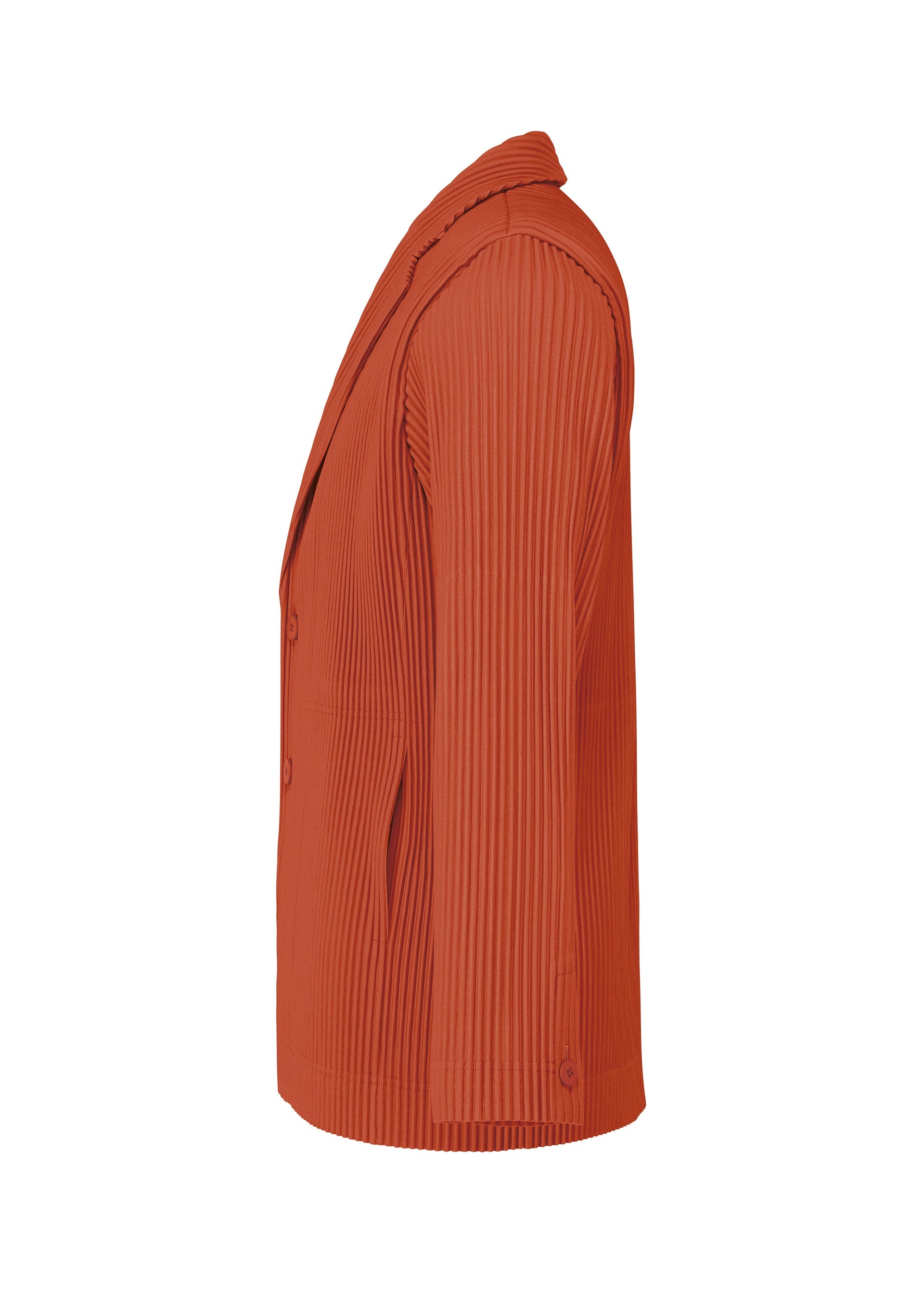 Zoomed view Side view of the TAILORED PLEATS 3—an orange, ribbed, long-sleeve jacket with a notched collar and buttons by HOMME PLISSÉ ISSEY MIYAKE. Made from quick-drying polyester and photographed against a white background.