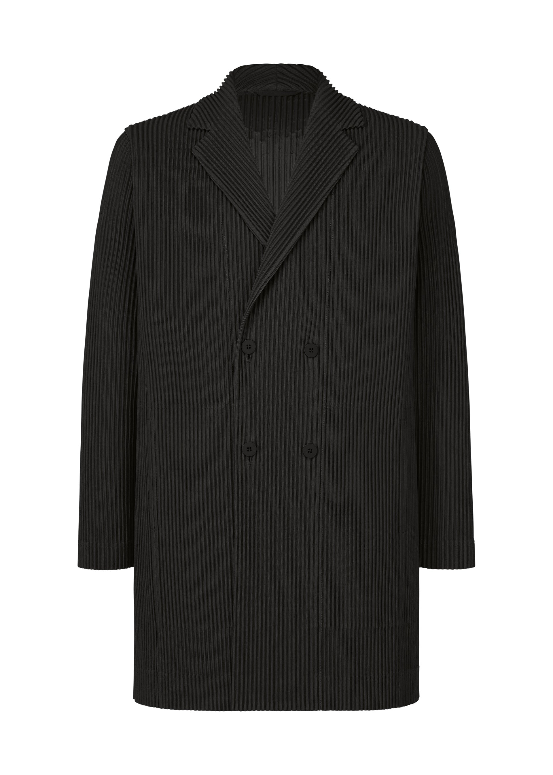 Zoomed view The TAILORED PLEATS 3 by HOMME PLISSÉ ISSEY MIYAKE is a black polyester double-breasted jacket with subtle pinstripes, wide lapels, long sleeves, quick-drying fabric, four front buttons, and a modern structured fit. - BLACK （no.15）