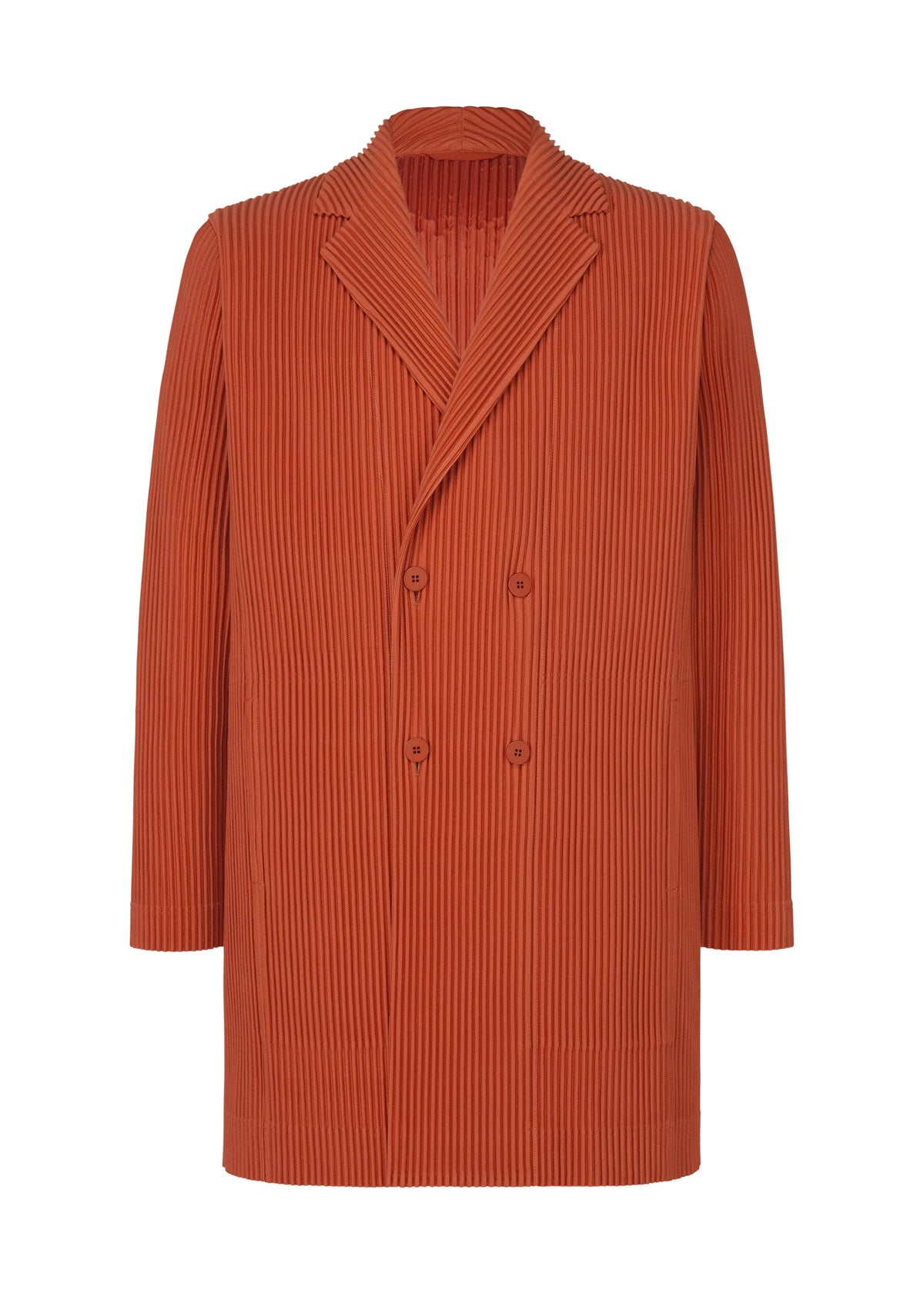 The HOMME PLISSÉ ISSEY MIYAKE TAILORED PLEATS 3 is a double-breasted, knee-length burnt orange jacket with vertical pleats, notched lapels, and quick-drying polyester, shown against a plain white background. view 2 of 6