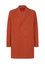 The HOMME PLISSÉ ISSEY MIYAKE TAILORED PLEATS 3 is a double-breasted, knee-length burnt orange jacket with vertical pleats, notched lapels, and quick-drying polyester, shown against a plain white background. - JAMBON PINK （no.23）