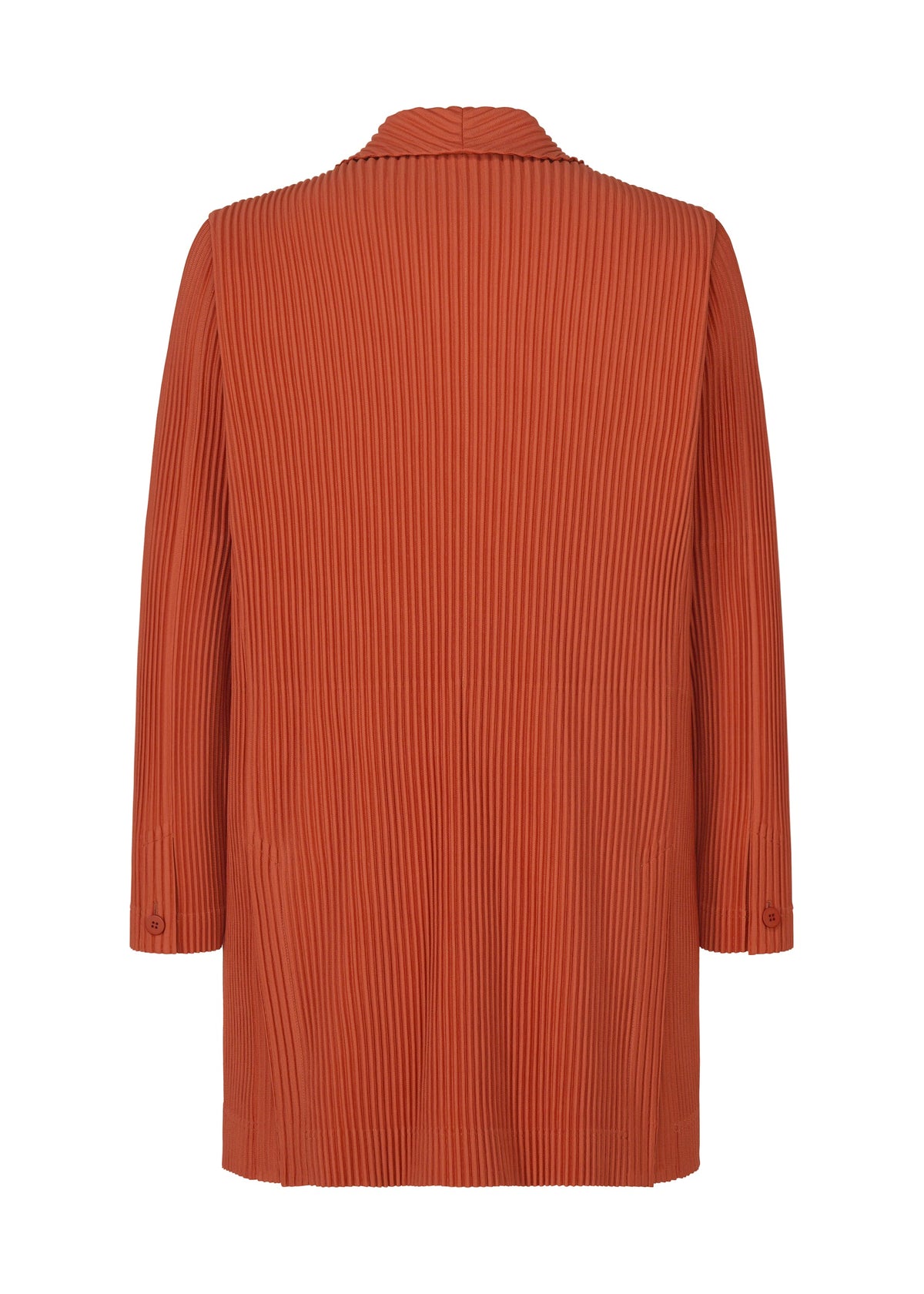 Back view of the TAILORED PLEATS 3 jacket by HOMME PLISSÉ ISSEY MIYAKE: long-sleeved, rust polyester with pleated texture, notched collar, midi hem, cuff buttons, and quick-drying fabric for comfort. view 3 of 6