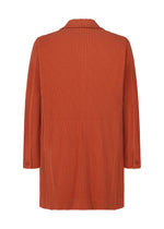 Back view of the TAILORED PLEATS 3 jacket by HOMME PLISSÉ ISSEY MIYAKE: long-sleeved, rust polyester with pleated texture, notched collar, midi hem, cuff buttons, and quick-drying fabric for comfort.