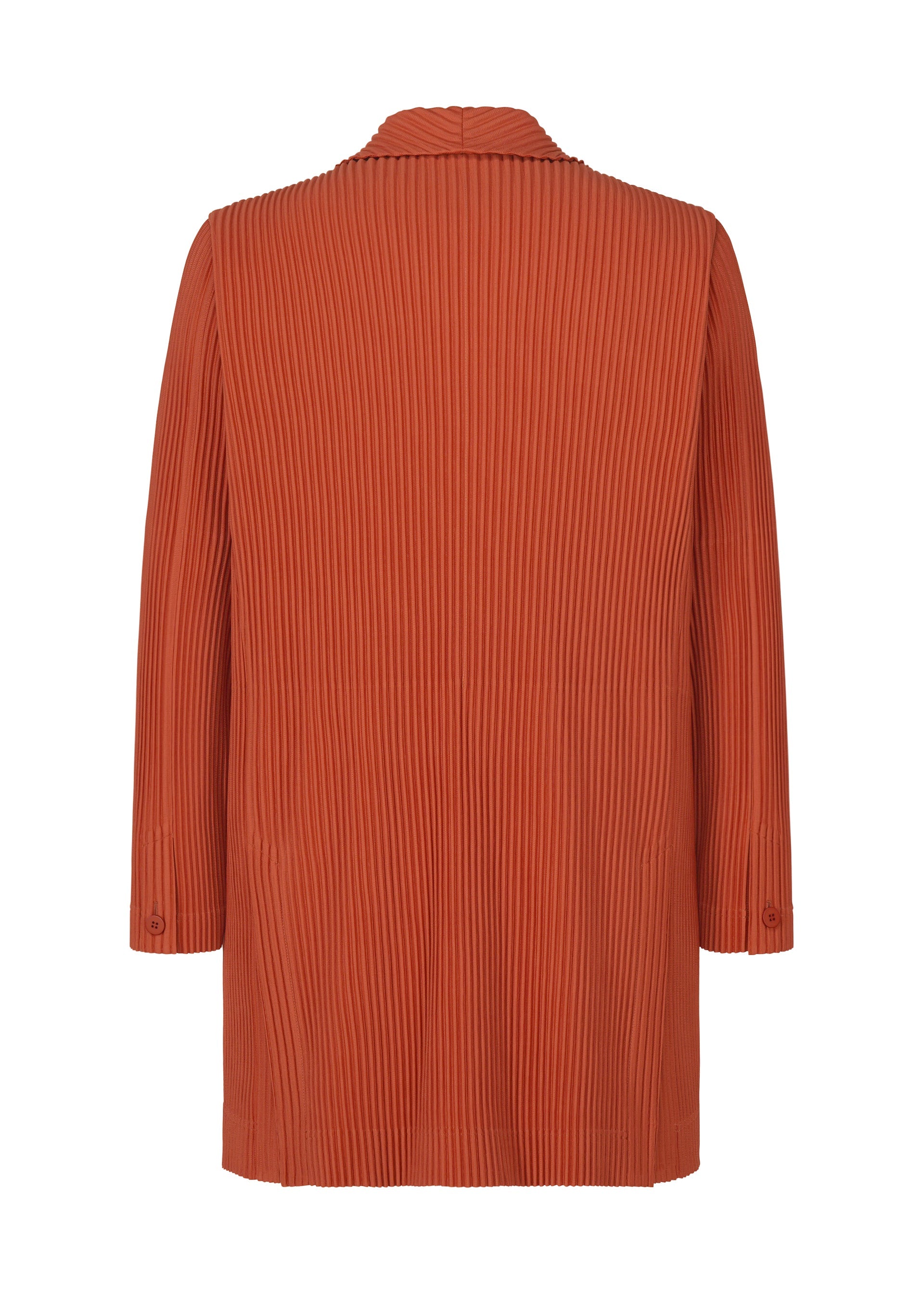 Zoomed view Back view of the TAILORED PLEATS 3 jacket by HOMME PLISSÉ ISSEY MIYAKE: long-sleeved, rust polyester with pleated texture, notched collar, midi hem, cuff buttons, and quick-drying fabric for comfort.
