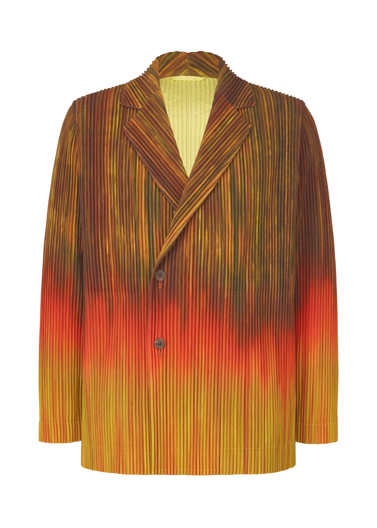 The PAINT BRUSH CLOSE-UP jacket by HOMME PLISSÉ ISSEY MIYAKE features pleated fabric with a striking yellow, brown, and red gradient, notched lapel, two-button closure, and long sleeves for an artistic statement look. view 1 of 8