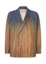The PAINT BRUSH CLOSE-UP blazer by HOMME PLISSÉ ISSEY MIYAKE is single-breasted with a pleated, textured fabric and artistic vertical stripes in blue, brown, and tan gradients, finished with two front buttons. - BROWN (no.44)