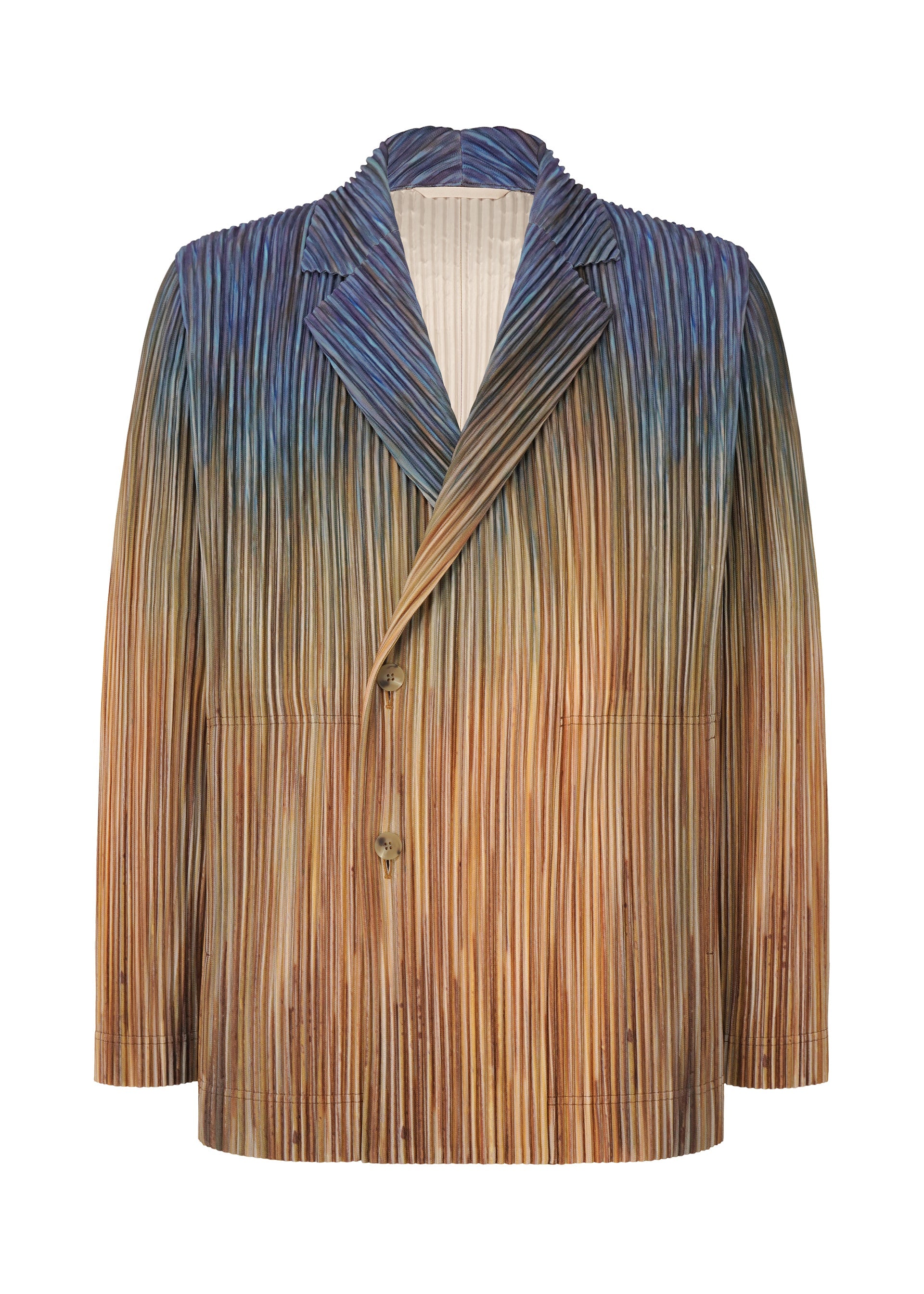 Zoomed view The PAINT BRUSH CLOSE-UP blazer by HOMME PLISSÉ ISSEY MIYAKE is single-breasted with a pleated, textured fabric and artistic vertical stripes in blue, brown, and tan gradients, finished with two front buttons. - BROWN (no.44)