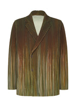 The HOMME PLISSÉ ISSEY MIYAKE PAINT BRUSH CLOSE-UP jacket features pleated, textured fabric in an earthy brown and green gradient with a notched lapel collar, two-button closure, and long sleeves. - GREEN (no.62)